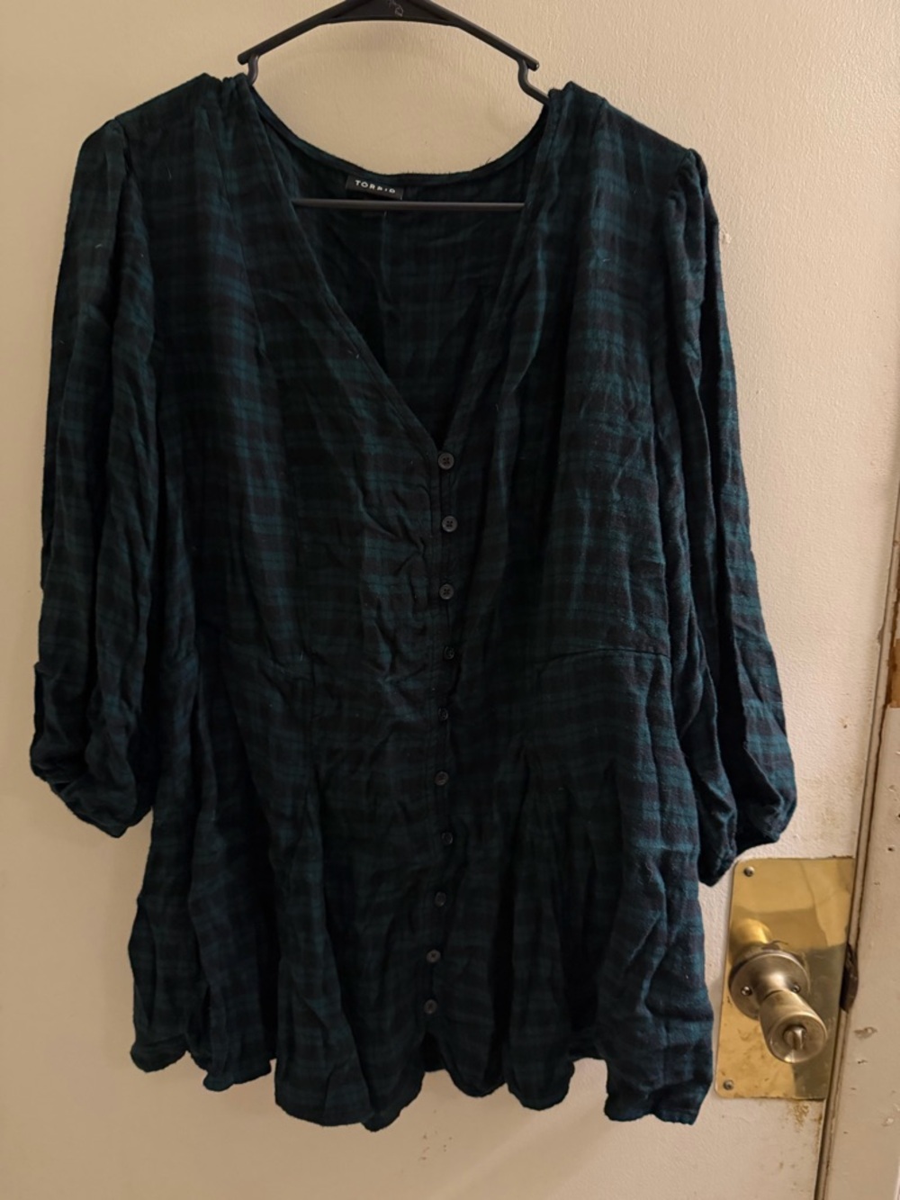 torrid Black and Dark Green Plaid Button-Front Top